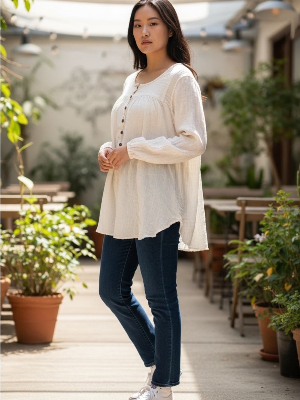 We The Free Women's Cream Button-Front Blouse